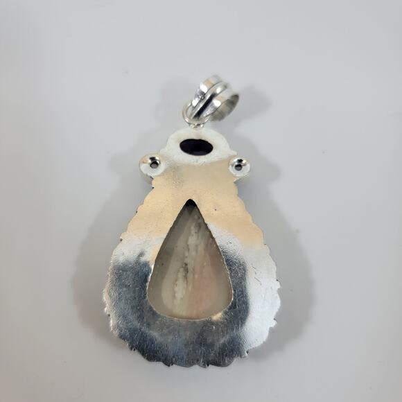 Handmade Silver Pendant with Rainbow Moonstone and Faceted Amethyst Accents - Picture 4 of 10